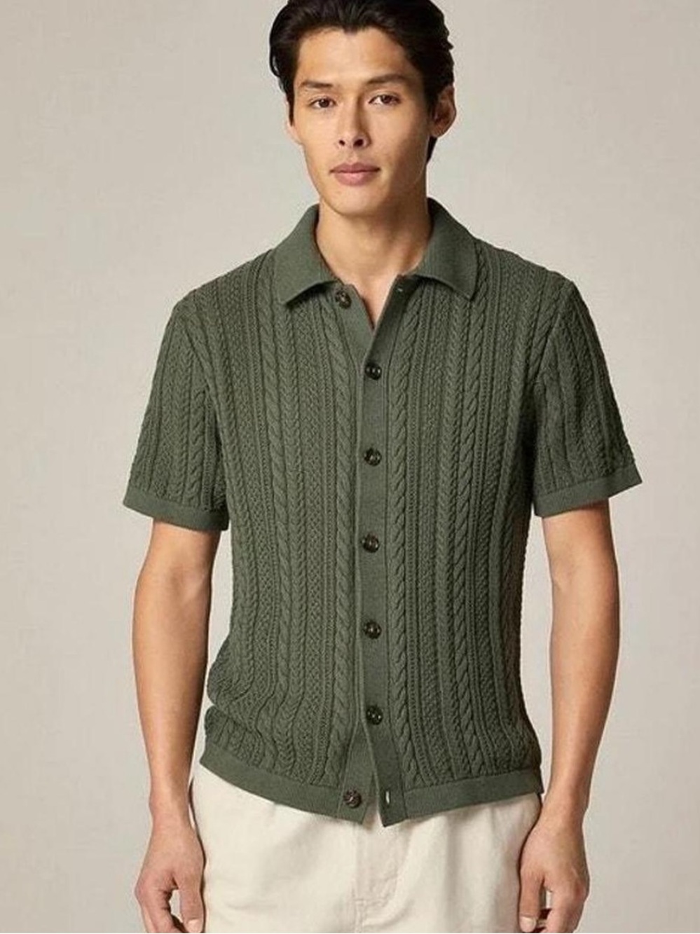 J. Crew Olive Cotton Cable-Knit Short-Sleeve Sweater Preppy Old Money Size M
